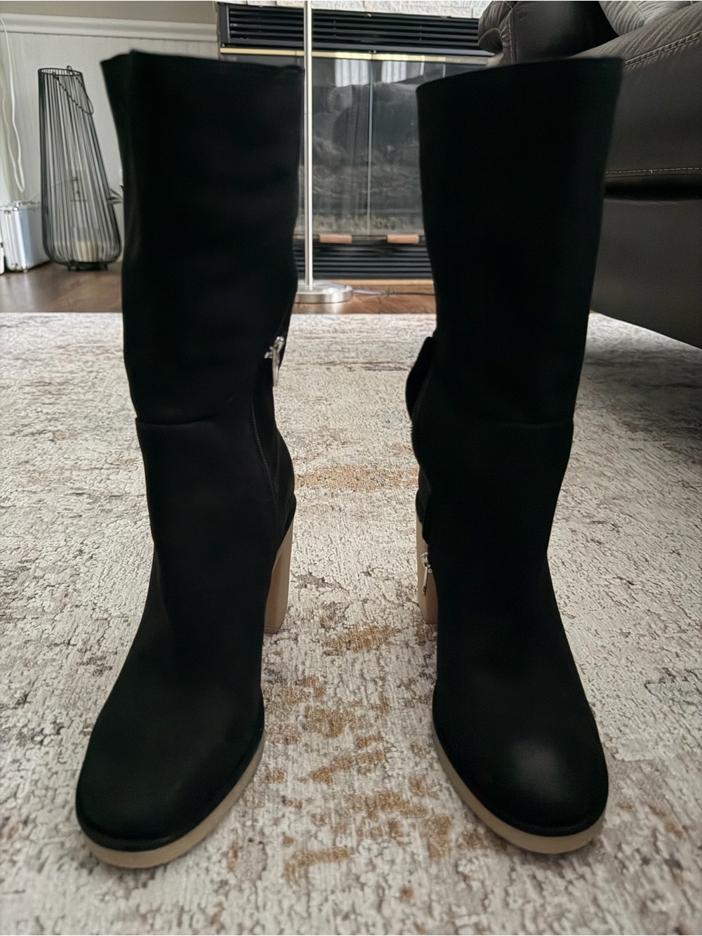 Dolce Vita Black Mid-Calf Heeled Boots with Tan Sole